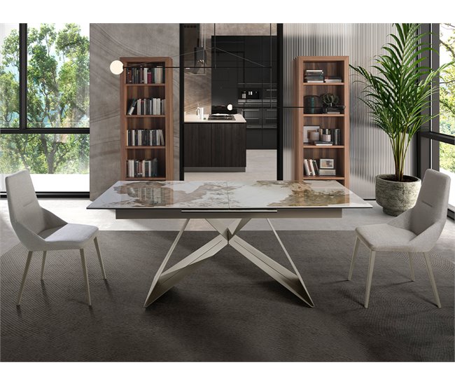 Mesa comedor extensible rectangular mármol porcelánico y acero color champagne Blanco/ Rojo