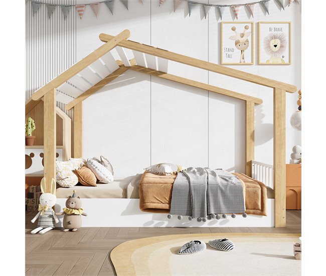 Cama cabaña de madera de pino Natural/ Blanco