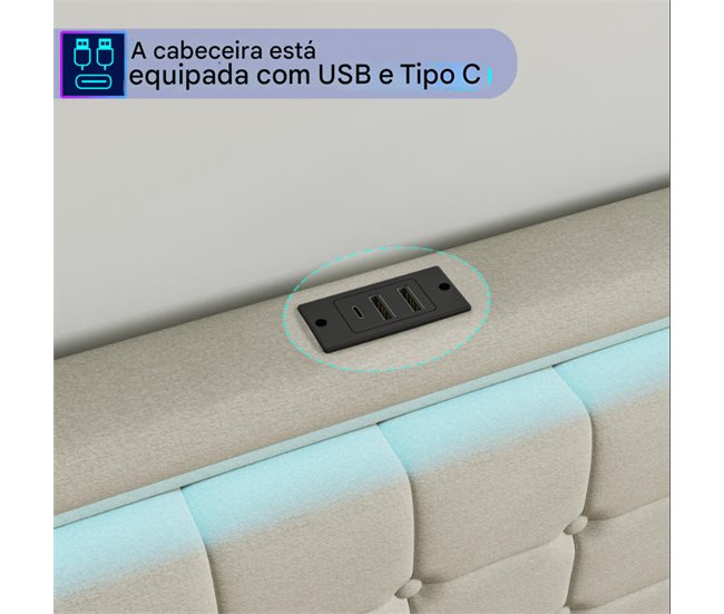 Cama, USB, cabecero LED, cama para adolescentes 148x213 Beige