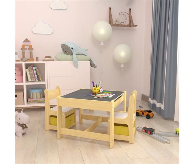 Juego de mesa para niños con 2 sillas Irixoa con cajas MDF Natural