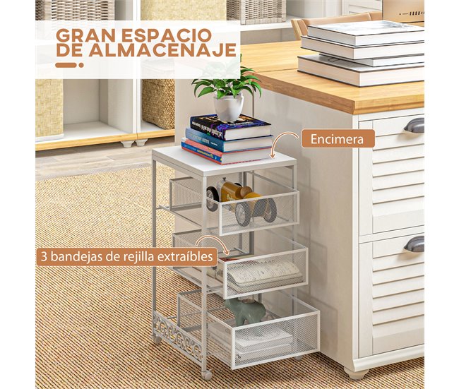 Carrito de Almacenamiento Melamina de Madera, Acero HOMCOM Blanco