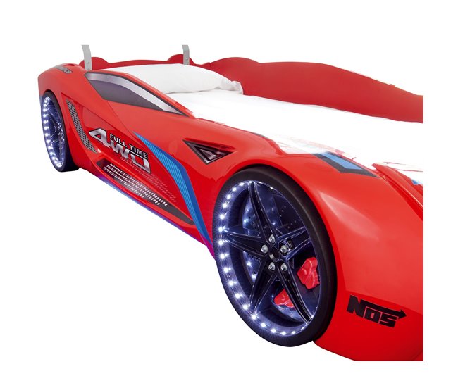 Cama coche LE MANS 90x190cm con luces led Rojo