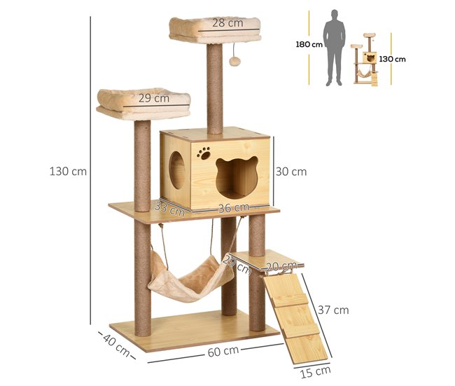 Árbol para Gatos Melamina de Madera, Yute, Poliéster PawHut Amarillo
