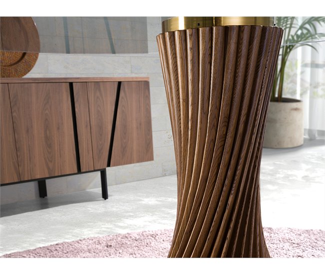 ANGEL CERDA Mesa comedor redonda cristal templado y nogal 130x130 Marron