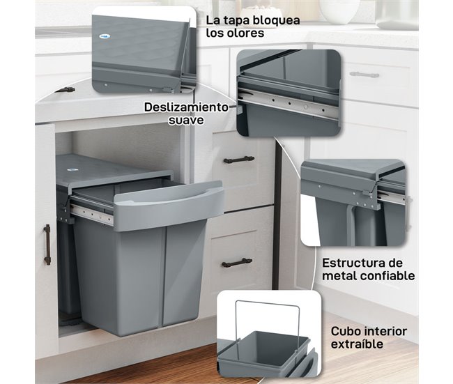 Cubo Basura Extraíble ABS, Metal HOMCOM, hogar - cocina Gris