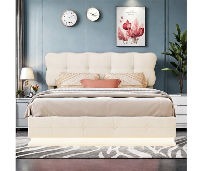 Cama, LED, cama con muelles, cama doble, cama funcional 146x204 Beige