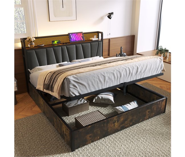 Cama de matrimonio de lino con almacenaje 166x222 Gris