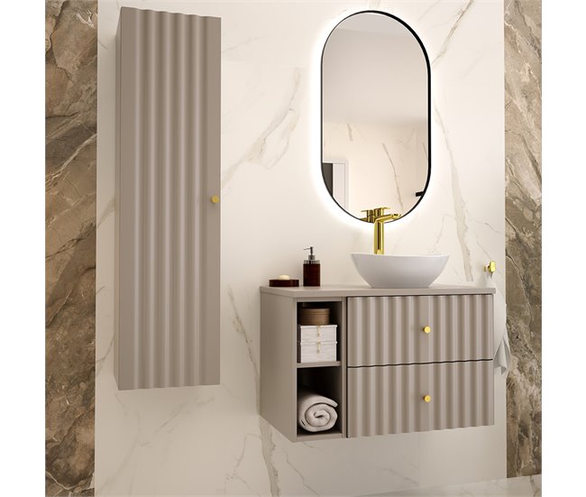 Conjunto de muebles con lavabo individual 2 compartimientos y columna Izae 80 Beige