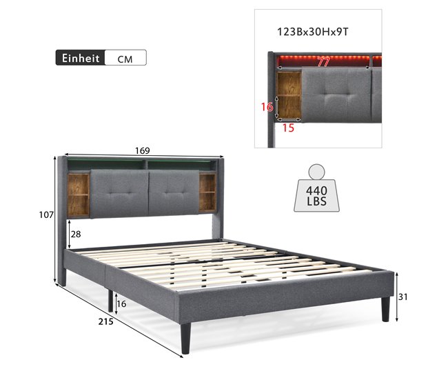 Cama de matrimonio de madera maciza 169x215 Gris