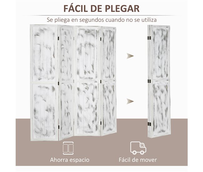 Biombo Separador Madera de Paulownia, MDF HOMCOM Blanco