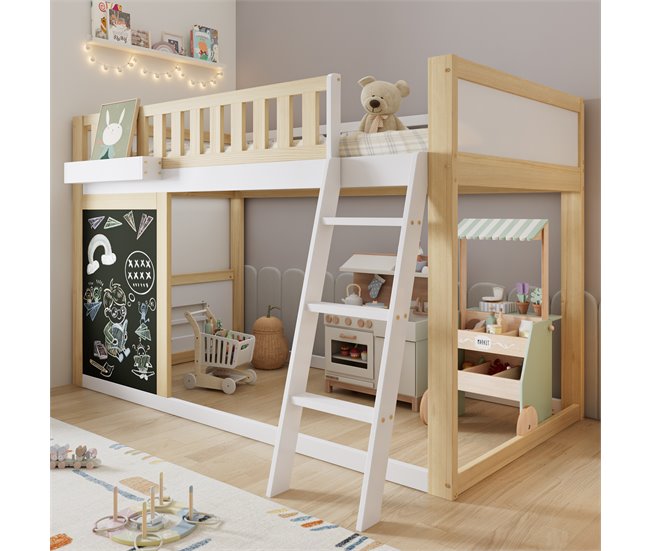 Cama alta de madera de pino Natural/ Blanco