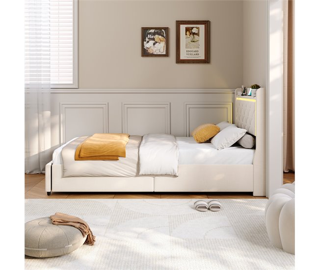 Cama LED, elevación gas, carga USB Beige