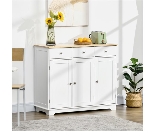 Aparador de Cocina MDF, Madera de Caucho HOMCOM 101 Blanco