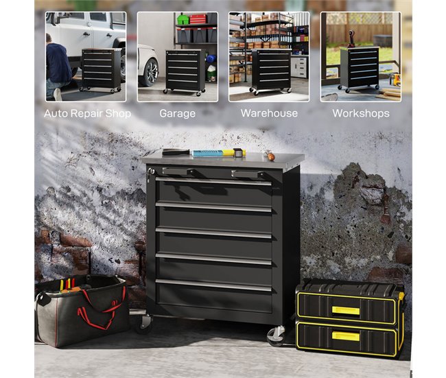 Carro de Herramientas Acero, Acero Inoxidable HOMCOM Negro