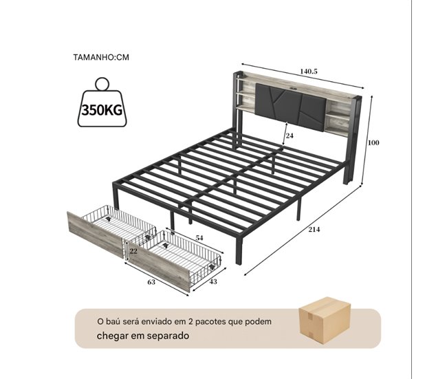 cama, led, usb, cama para adolescentes, cama doble, cajones 140x214 Negro