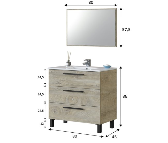 Mueble baño Alise 3 cajones, espejo y lavabo, Alaska Madera