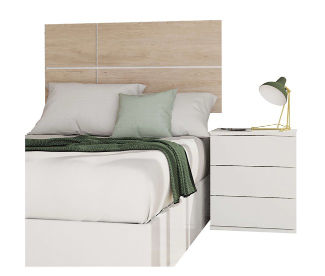 Conjunto Dormitorio Juvenil Cabecero y Mesita Blanco/ Madera