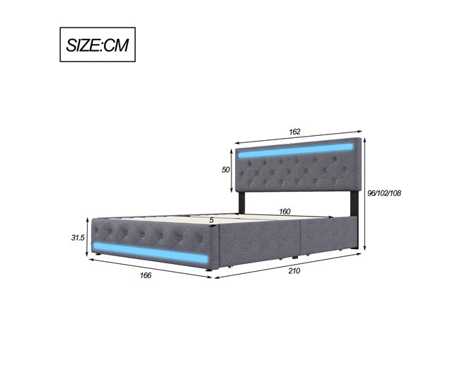 Cama doble, LED, USB, 4 cajones 162x210 Gris