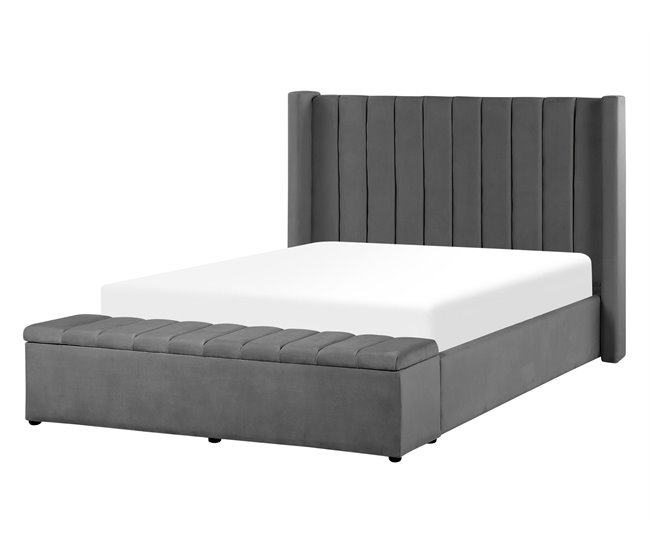 Beliani Cama con banco de almacenaje Terciopelo NOYERS 170x247 Gris
