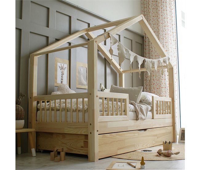 Cama con barandilla somier y cajón Iris Madera