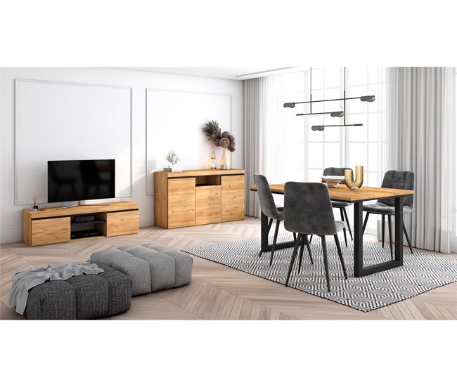 Conjunto Muebles de Salón, Mesa, Aparador, Mueble TV Roble