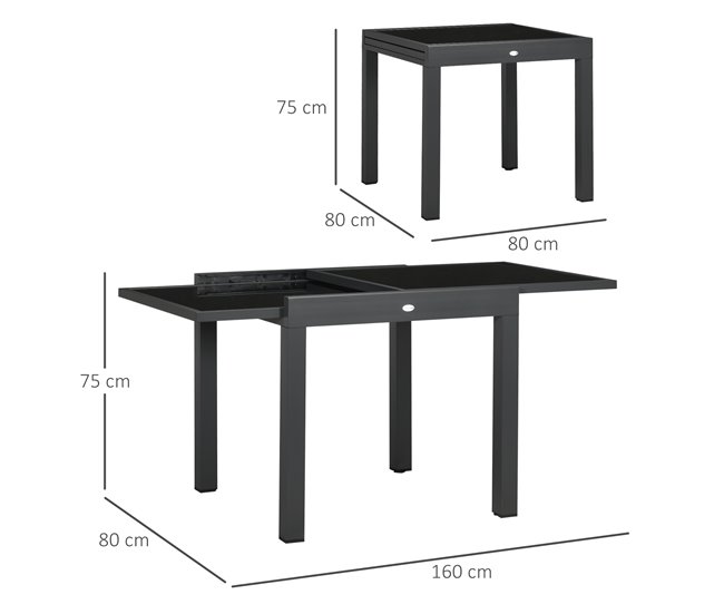 Mesa de Jardín Aluminio, Vidrio templado Outsunny 160x80 Negro