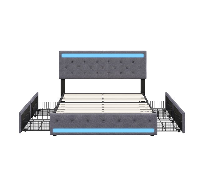 Cama tapizada, LED, 4 cajones, USB 186x210 Gris