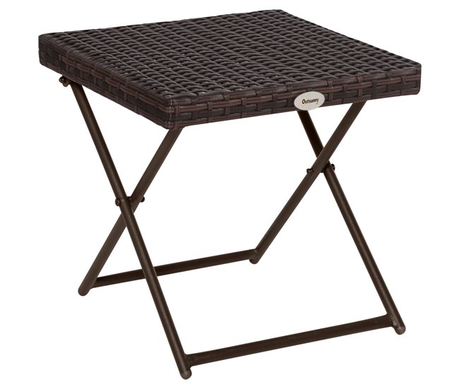 Mesa Cuadrada Plegable Ratán PE, Acero Outsunny 40x40 Marron