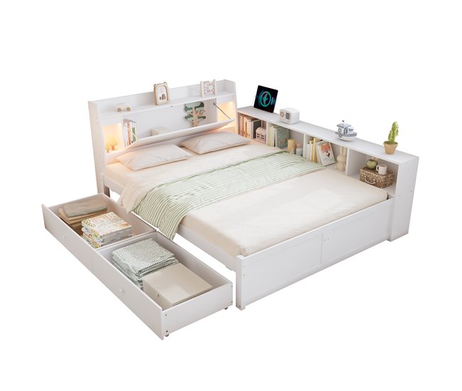 Cama juvenile de madera de pino con 2 cajónes 163x220 Blanco