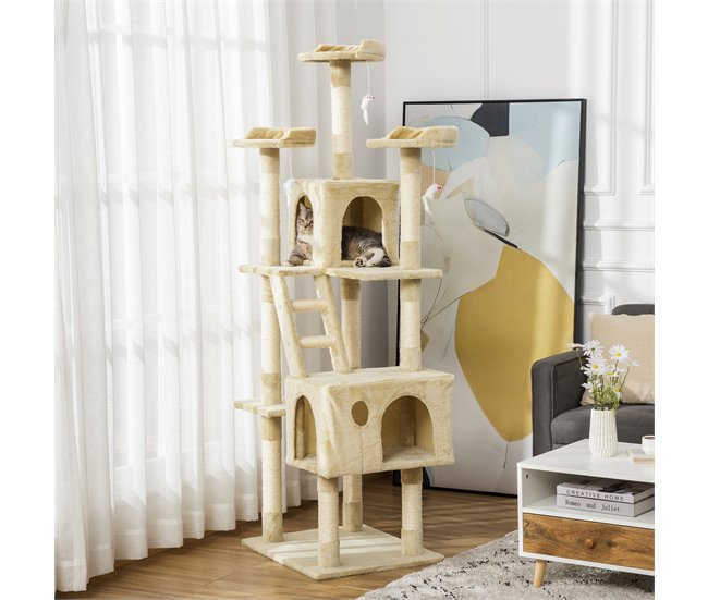 Árbol para Gatos Tablero Madera Aglomerado, Felpa y Sisal PawHut Beige