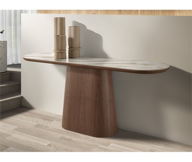 Consola ovalada medio punto mármol porcelánico Nogal
