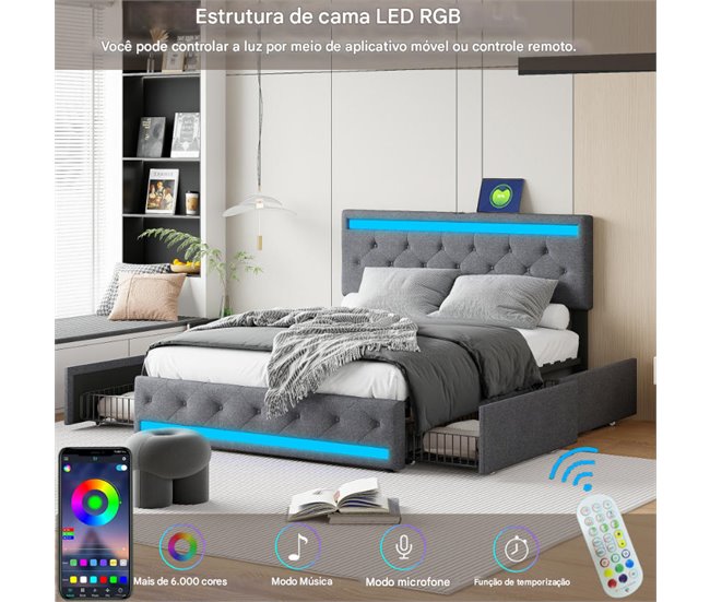 Cama doble, LED, USB, 4 cajones 162x210 Gris