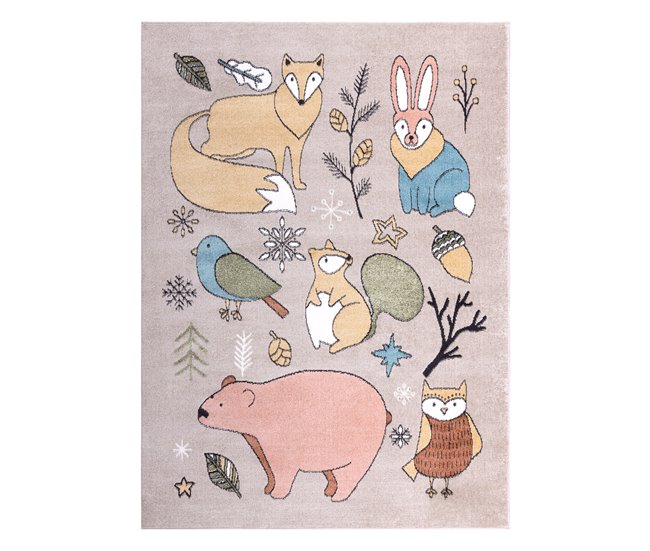Alfombra FUN Forester para niños animales bosque 240x330 Beige