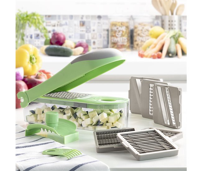 Cortador de Verduras, Rallador y Mandolina con Recetas y Accesorios 7 en 1 Gris