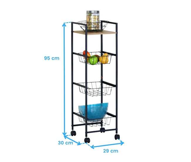 Carrito Auxiliar de Cocina con Balda y 3 Cestos Multicolor