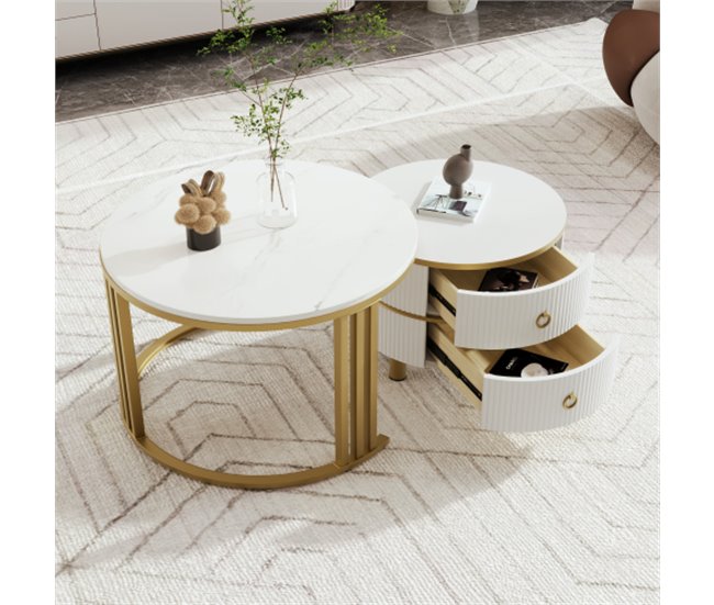 2 en 1, mesa de centro, mesa de salón, 2 cajones 70x70 Blanco