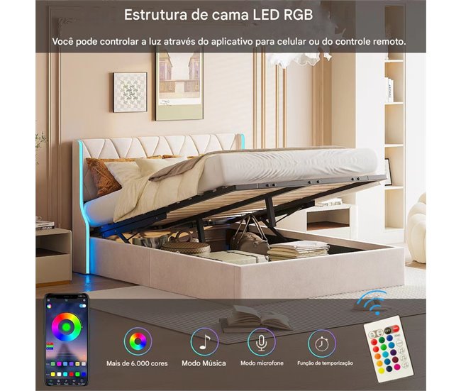 Cama estofada, LED, espaço de armazenamento Beige