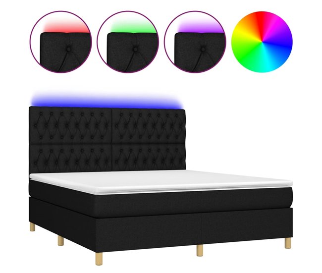 Conforama Cama box spring colchón y luces LED tela negro 180x200 cm Diseño de botones