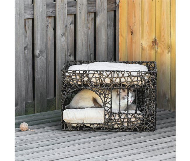 Cesta de Ratán para Gatos Metal, Ratán PE y Algodón PP PawHut Marron