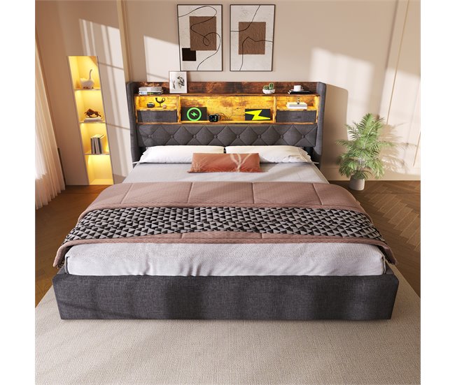 Cama de matrimonio de lino 193x221 Gris