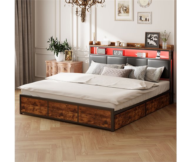 Cama, Cama de metal, 4 cajones, LED, Cama juvenil 182x217 Negro