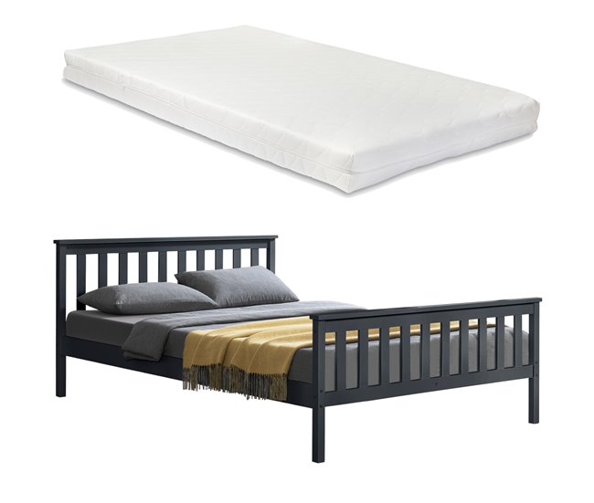 Cama Doble Hellnar de Pino - con Listones Colchón Reposacabezas 188x208 Gris Oscuro