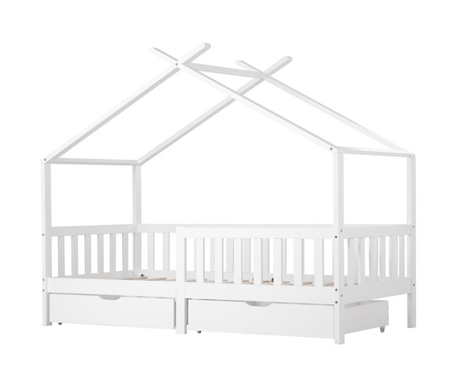 Cama cabaña infantil de madera maciza con 2 cajónes Blanco