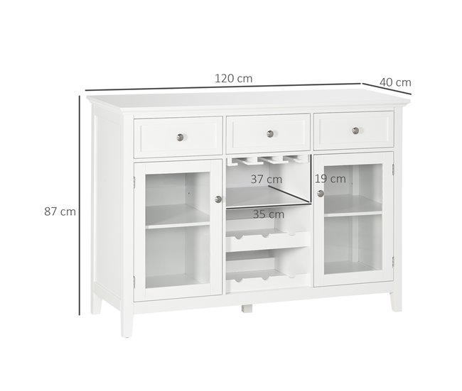 Aparador de Cocina MDF, Melamina de Madera, Vidrio Templado 120 Blanco