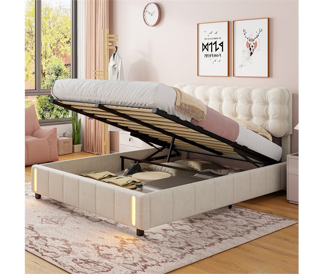 Cama tapizada, luces LED, espacio de almacenamiento Beige