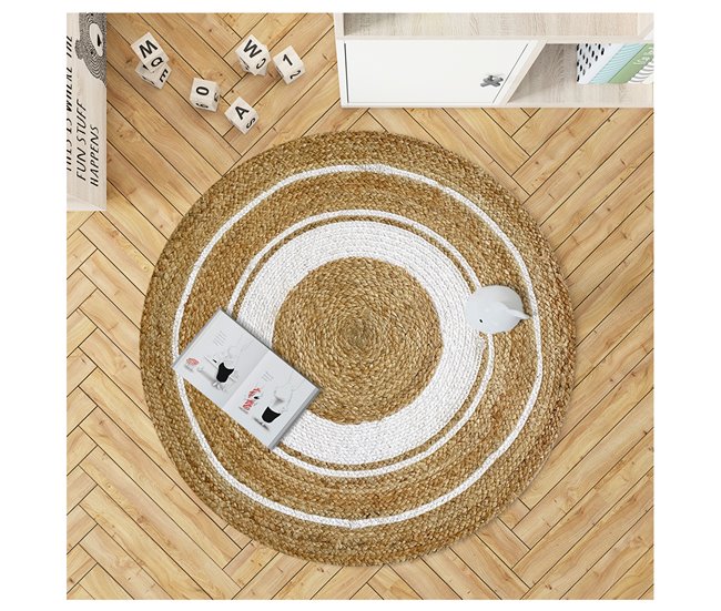 Acomoda Textil - Alfombra de Yute Ecológica de Fibra Natural. 110x110 Natural/ Blanco