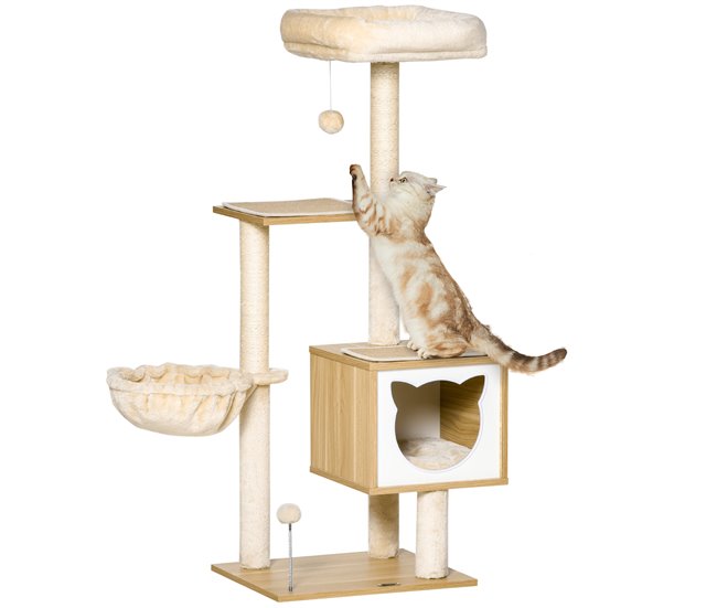 Árbol para Gatos Aglomerado de Madera, Felpa, Sisal PawHut Beige