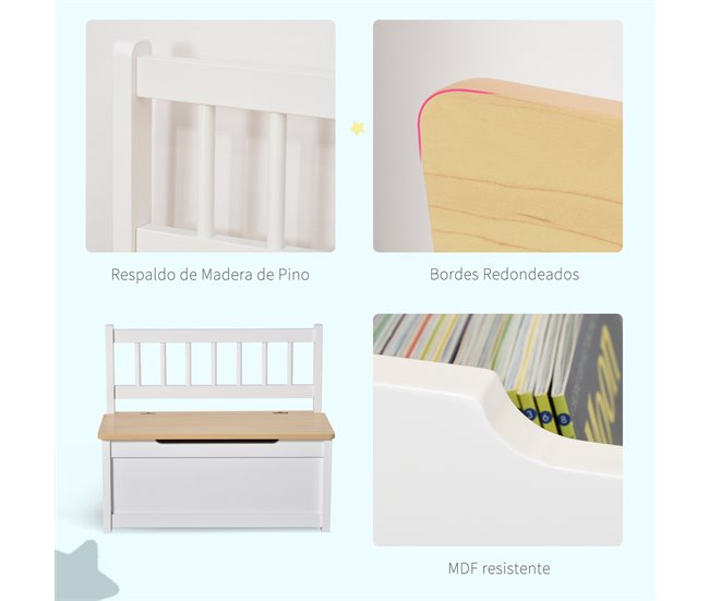 Baúl de Juguetes para Niños MDF, Madera de Pino HOMCOM Blanco