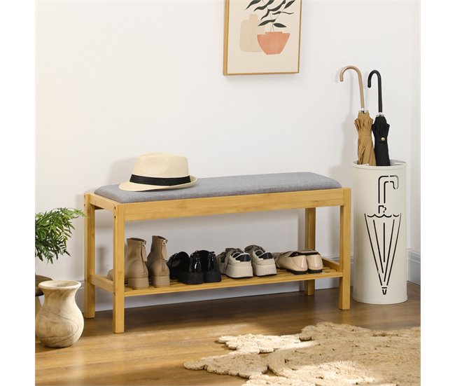 Banco Zapatero Bambú, Poliéster, Espuma HOMCOM 90 Gris
