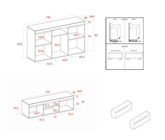 Set Naturale con patas Buffet-Mueble tv 140cm Roble/Negro Marron